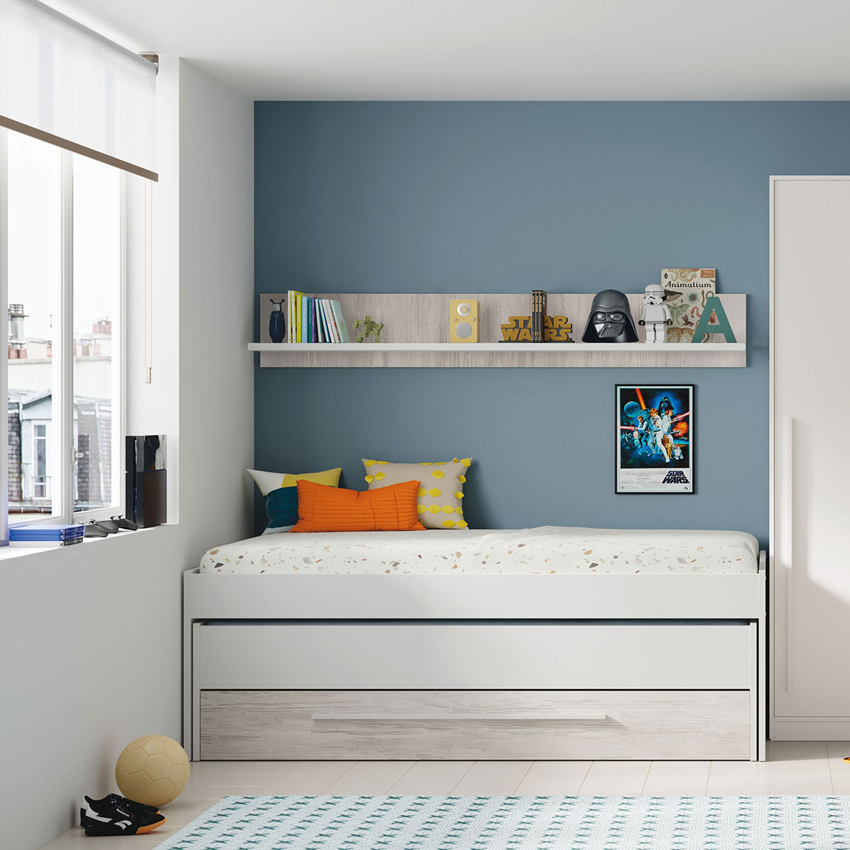 Llit niu juvenil doble amb calaix i prestatges model PICANYA.